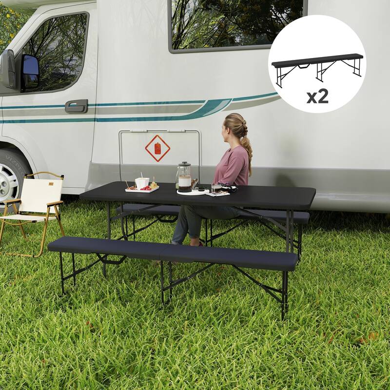 6 Feet Set of 2 Folding Outdoor Camping Picnic Benches with Metal Frame and HDPE Waterproof Top - 71.7" L x 11" W x 16.5" H - Black