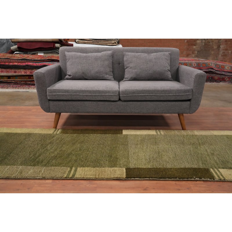 Hand Knotted Oriental 100% Wool Carpet Modern Solid Green Gabbeh Runner Rug - 9' 10'' X 2' 10''