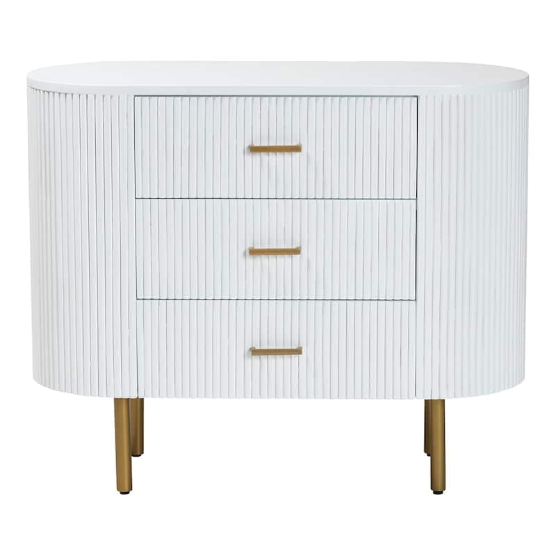 Beyla Mid-Century White Fluted Wood and Gold Metal 3-Drawer Dresser