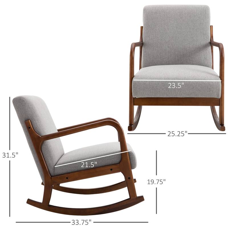 Grey Linen Wood Rocking Chair with Cushioned Seat and Curved Base - 25.25" W x 33.75" D x 31.5" H
