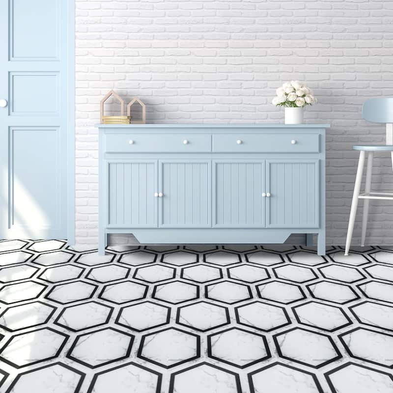 Art3d 11.8" x 10.2" Hexagon Peel and Stick Flooring Tile Marble Look, 30-Pack,Self Adhesive Waterproof Vinyl Floor Tile - White Marble