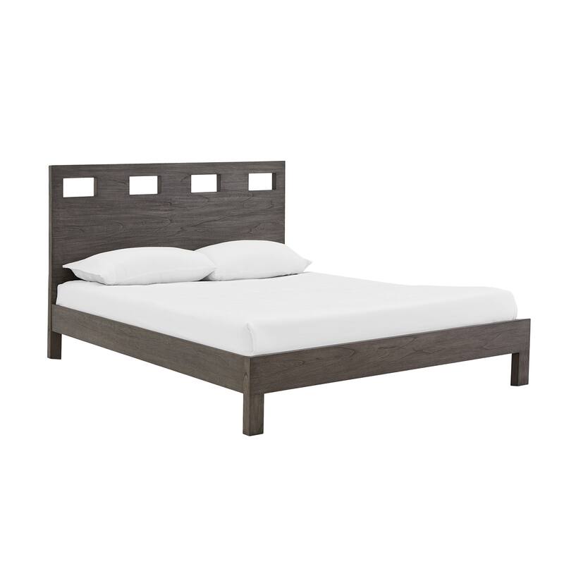 Yee King Bed, Gray Wood, 4 Side Drawers, Cut Out Headboard Design