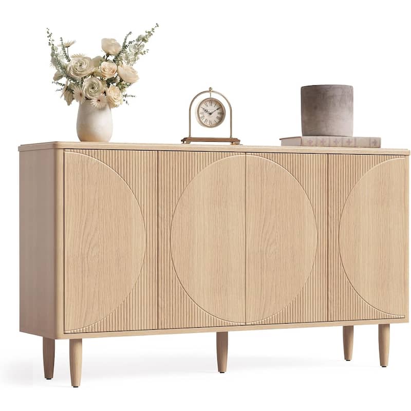 Modern Walnut Buffet Cabinet with Semicircle Doors and 4 Tier Storage for Living or Dining Room - 59.44" x 14.17" x 33.85"