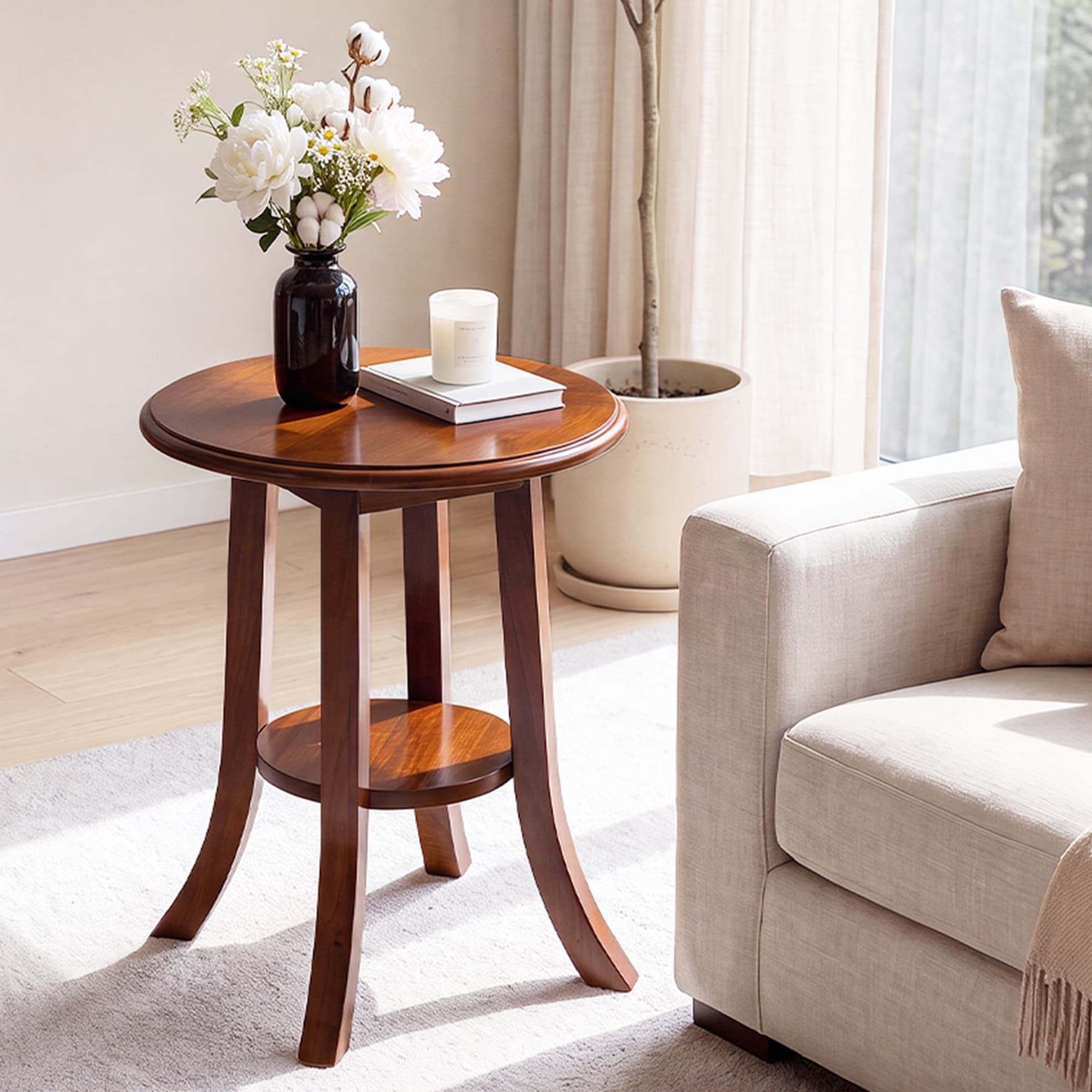 2-Tier Solid Wood End Table, 19.7'' Round Compact Sofa Side Table