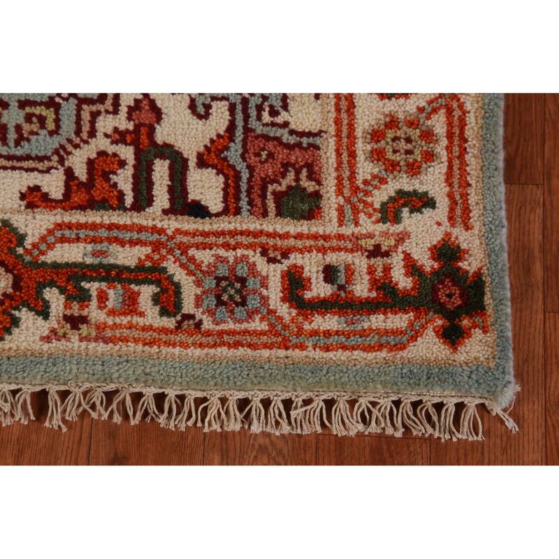 Hand Knotted Oriental 100% Wool Carpet Traditional Geometric Navy Blue & Blues Heriz (serapi) Runner Rug - 8' 4'' X 2' 6''