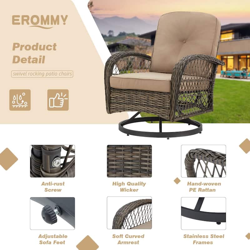 EROMMY Outdoor 3 Pieces Swivel Rocker Patio Chair Sets with Glass Table, All-Weather Wicker & Thickened Cushions for Backyard