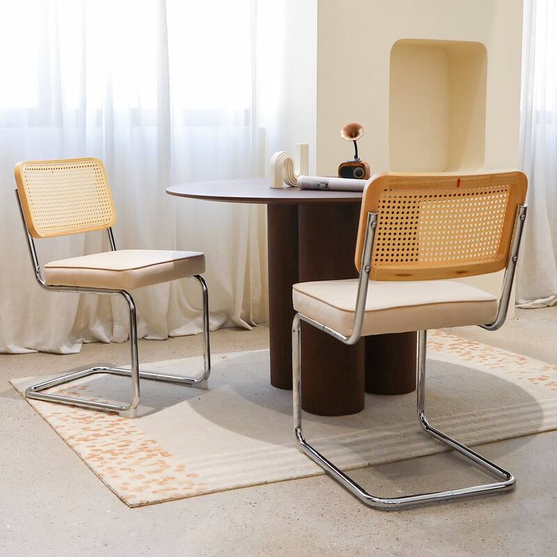 Dining Chairs Set of 2 Velvet Rattan Chrome Legs Mid Century Breuer Designed Champagne Living Room - Champagne