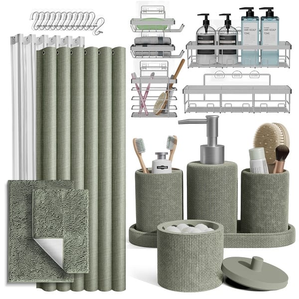 Empyrean Complete Bathroom Accessories Set Shower Curtain, Bath Rugs & Shower Caddies - Complete Set + Bath Rugs + Shower Caddy - Sage Green