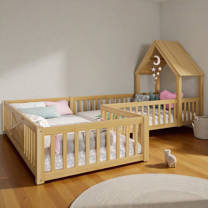 Twin/Full Size House Floor Bed with Door and Guardrails, Double Twin/Full Solid Wood Montessori Bed for Kids