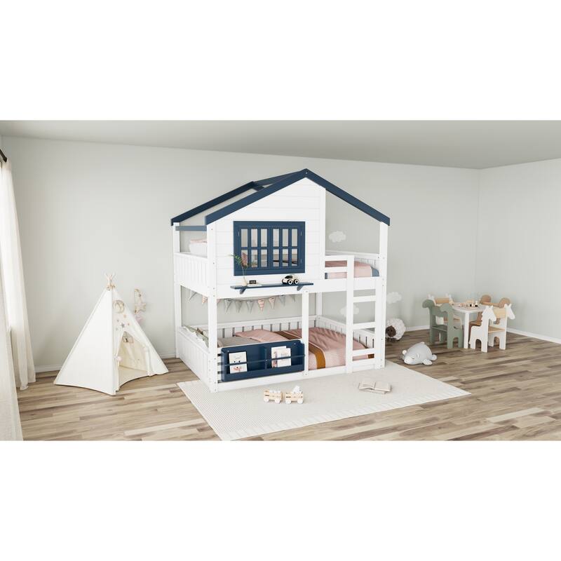 Full Size Bunk Bed/Loft Bed with Bookshelf, House Design, High-Quality Safety Fencing