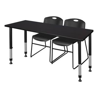 Kee 60" x 30" Height Adjustable Classroom Table - Mocha Walnut & 2 Zeng Stack Chairs- Black