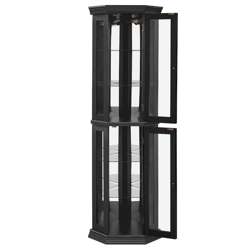Lighted Corner Curio Cabinet with Tempered Glass Doors, Floor Standing Display Cabinet, China Cabinet with Adjustable Shelves