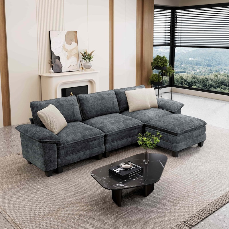 MAISON ARTS Modular Cloud Sectional Sofa, Comfy L- or U-Shaped Couch with Ottomans & Pillows, 4–6 Seat Living Room Sofa - Blue Grey Chenille(4 Pieces) - Reversible