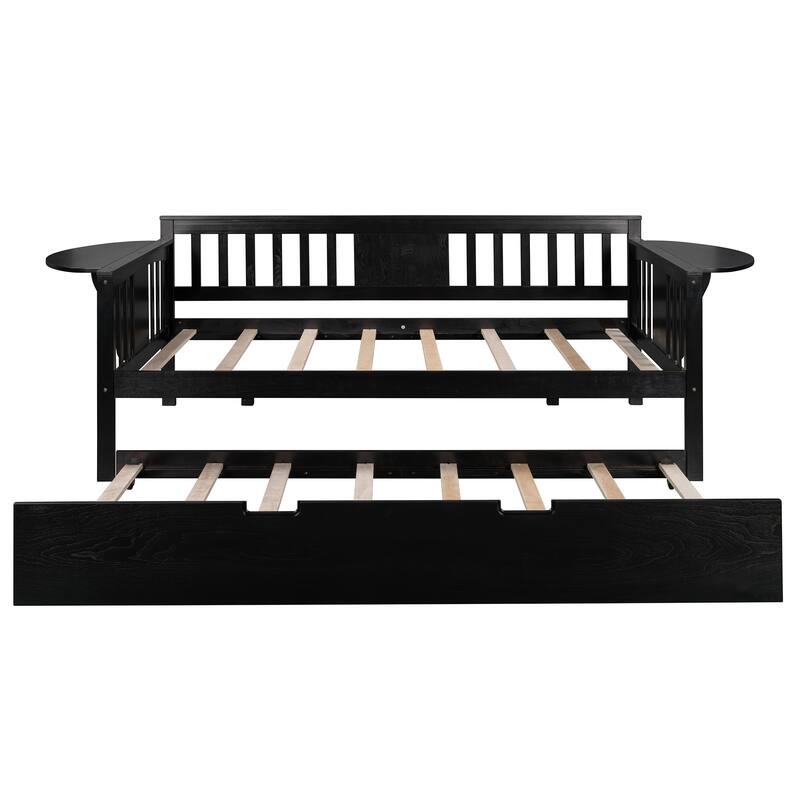 Twin Size Daybed with Twin Trundle, Wood Sofa Bed with Hand Rest, Solid Wood Slats Support