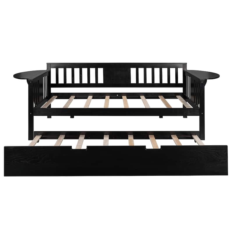 Wooden Daybed with Trundle Bed & Slatted Support, Dual-Use Sturdy Sofa Bed for Bedroom or Living Room