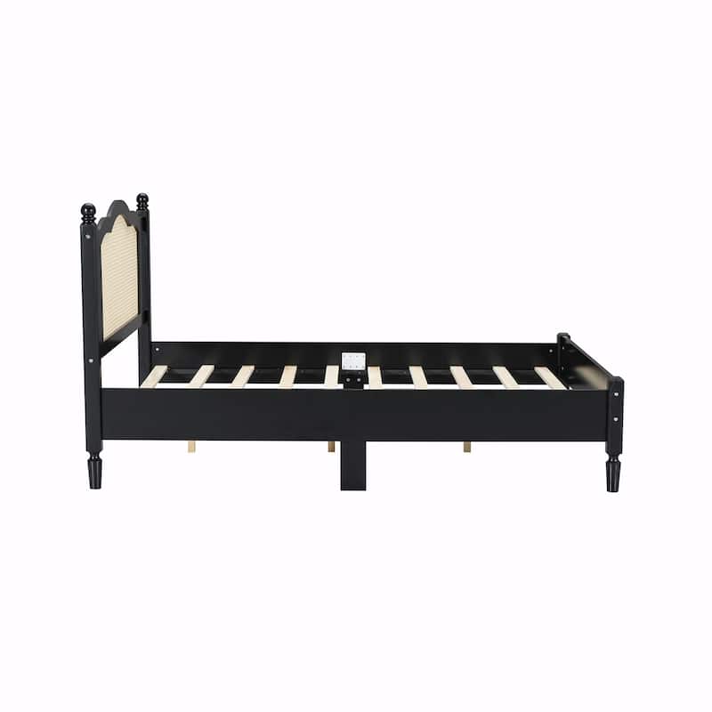 Wooden Platform Bed with Rattan Headboard and Slat Support