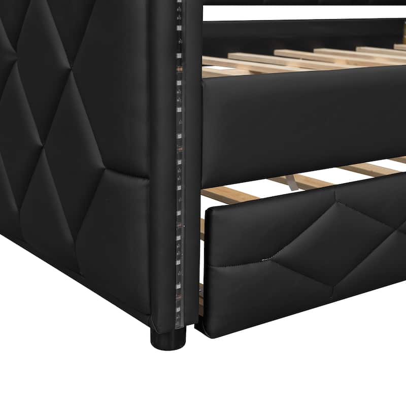 Full XL Size Upholstered Daybed with Trundle Bed and LED Armrests, Rhombic Blocks Frame Sofa Bed, U-shape Bed Frame