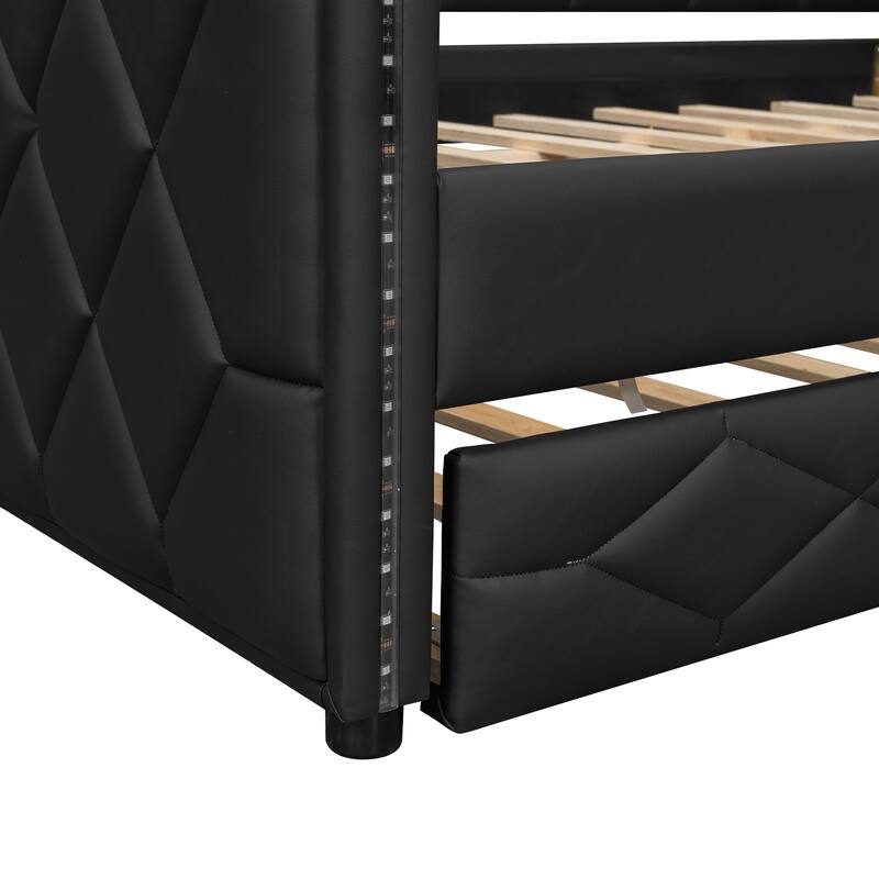 Full XL Upholstered Daybed with Trundle and LED Lighting, Black PU Leather Sofa Bed