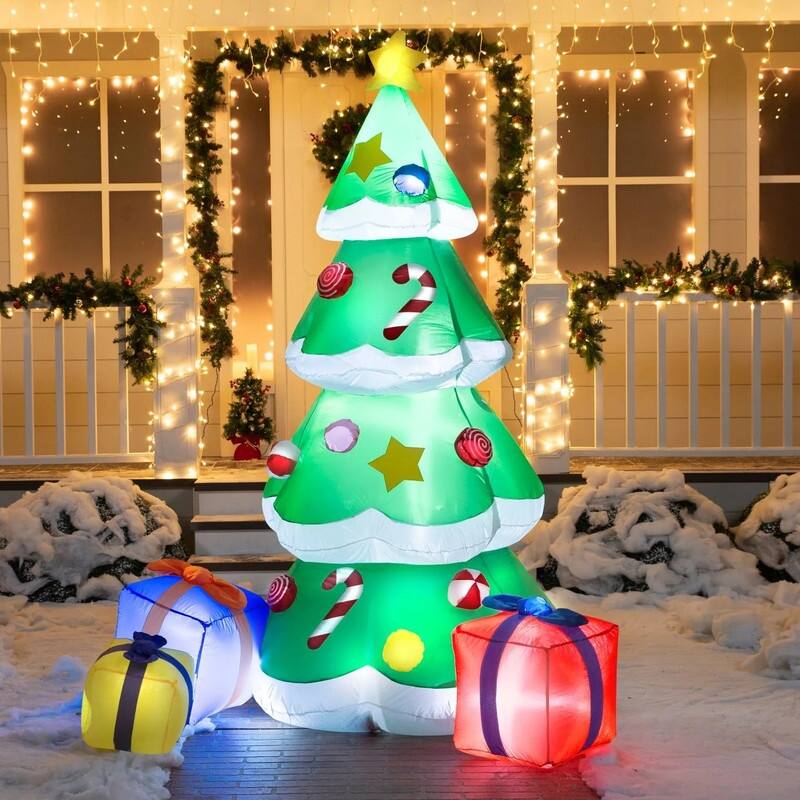 7 ft. Tall White, Green & Red Plastic Christmas Tree with Presents Inflatable - Multicolor