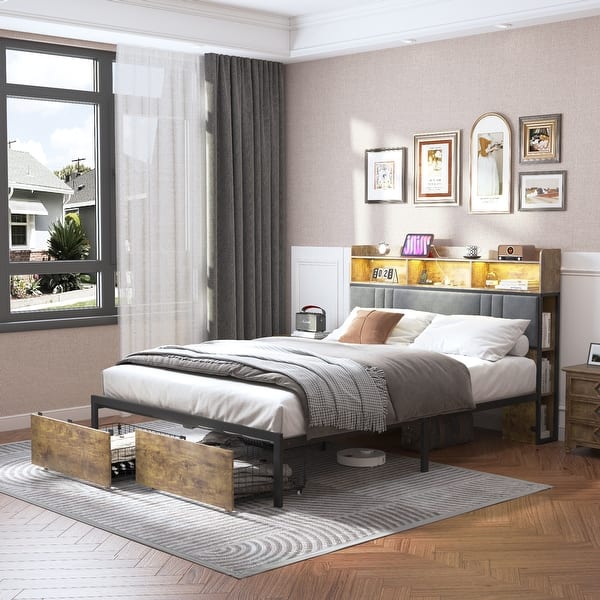 Queen Bed Frame With 2 USB Charging Station&LED Lights Headboard 4 Storage Drawers Led Upholstered Platform No Box Spring Needed Dark Grey