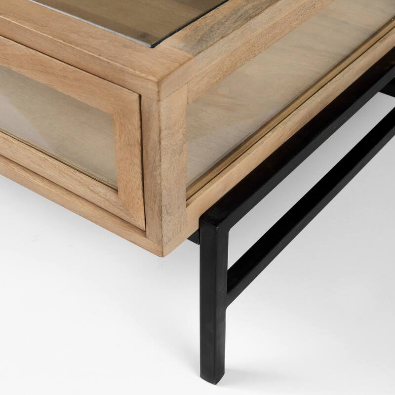 Arelius Light Brown Solid Wood w/ Black Iron Base Square Display Coffee Table