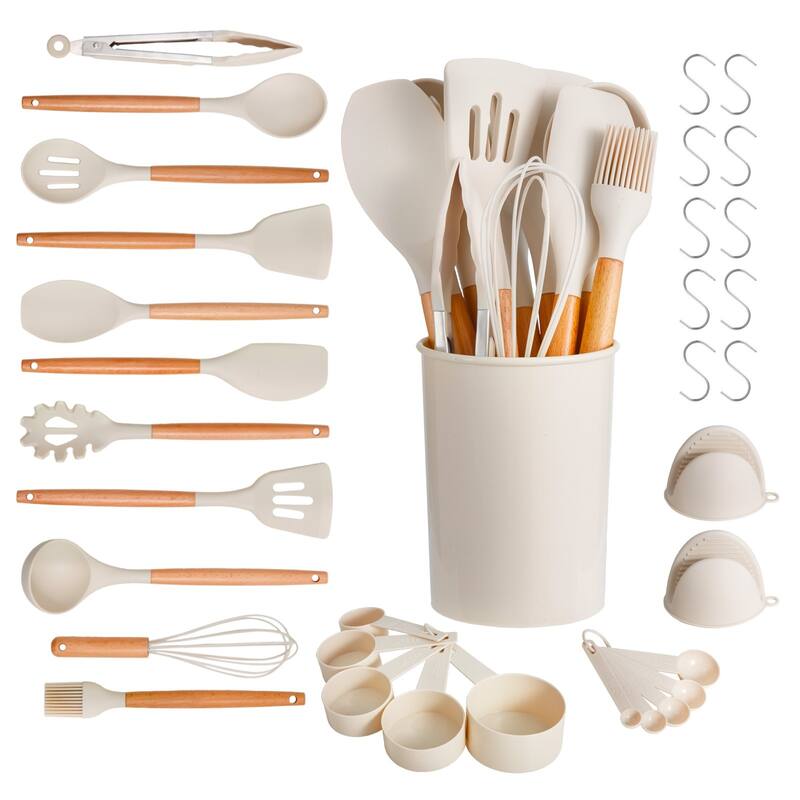 Silicone Non-Stick Kitchen Utensil Set with Wooden Handle and Heat-Resistant Cooking Tools - 34-Pieces  - White-Natural