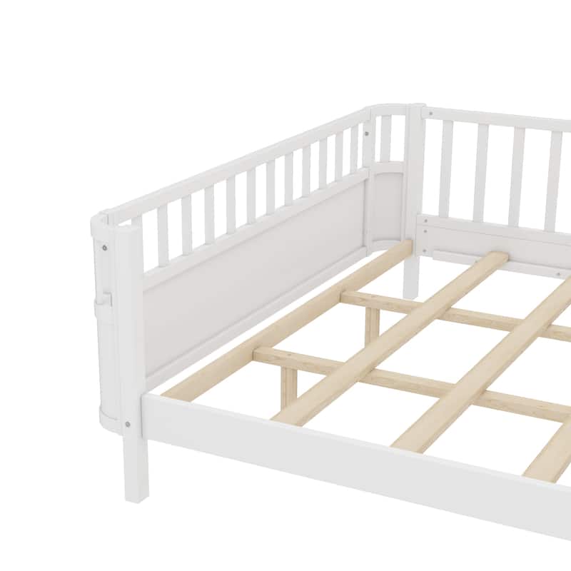 Multi Size Low Platform Bed for Kids with Rounded Corners Guardrails, Detachable Right-side Fence and Open Left-side Design