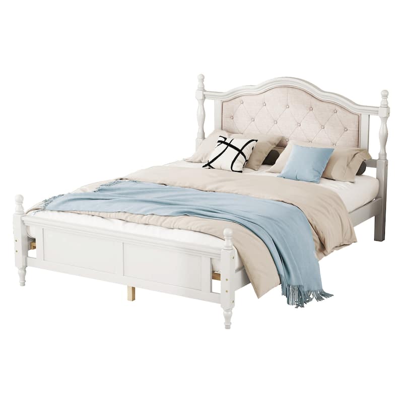 Classic Platform Bed Wooden Frame Queen Size Bed with Upholstered Tufted Headboard, Panel Footboard and Central Support Feet