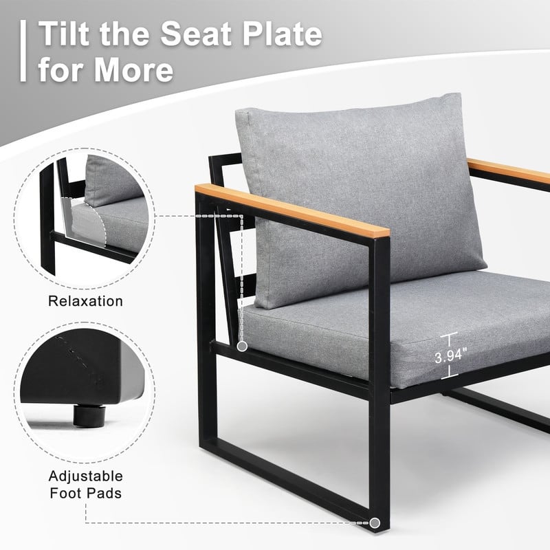 4-Piece Black Iron Patio Set with Gray Cushions, Coffee Table & 2 Singles+1 Loveseat