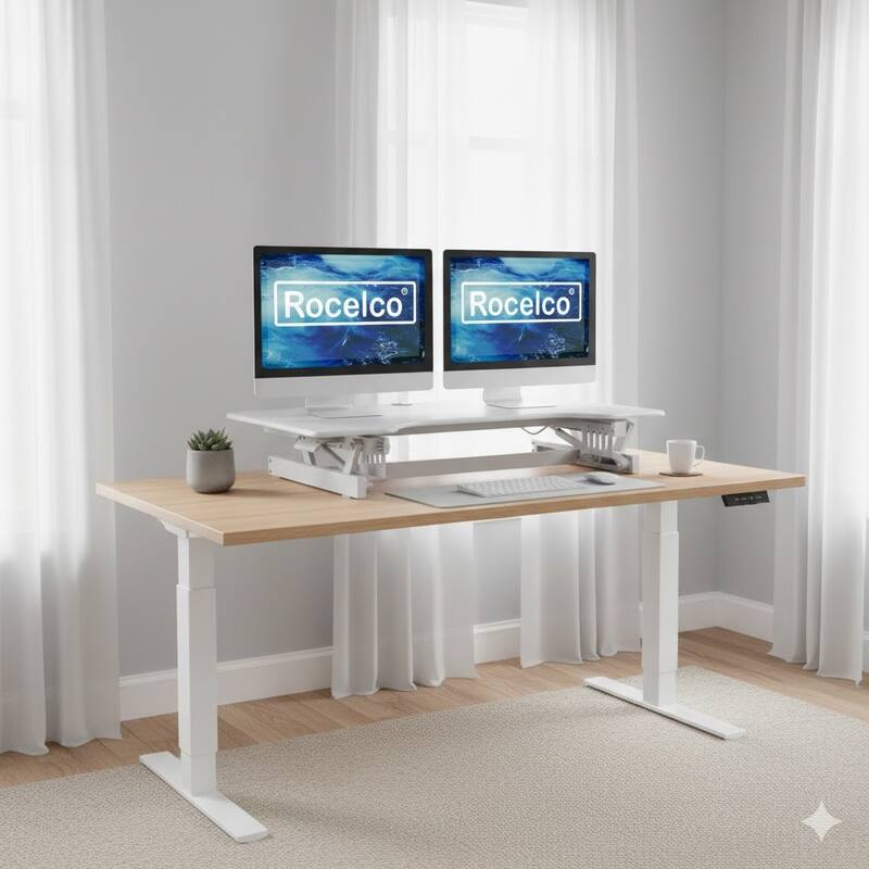 Rocelco 40 in. W White Height Adjustable Standing Desk Converter Dual Monitor Riser with Gas Spring Assist Mechanism