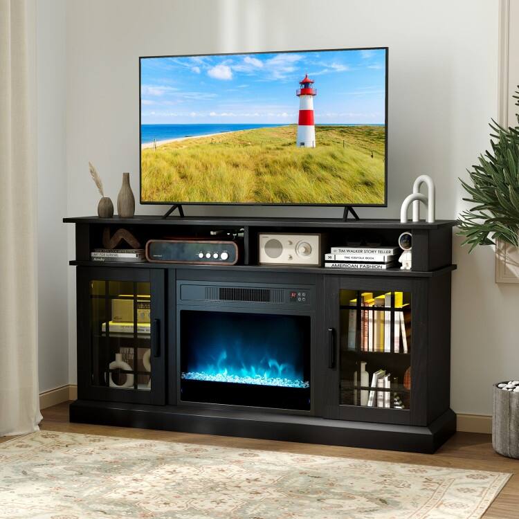 MDF Fireplace TV Stand with RGB LED, Remote and Storage - 48" L x 16" W x 29" H