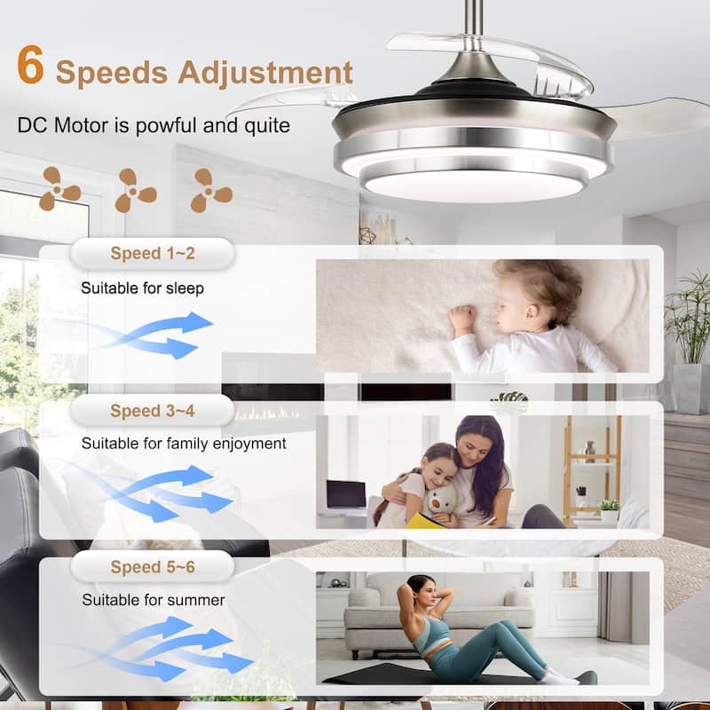 Bella Depot 36" Modern Retractable Ceiling Fan with Dimmable Led Light and Remote, 6-Speed Reversible DC Motor