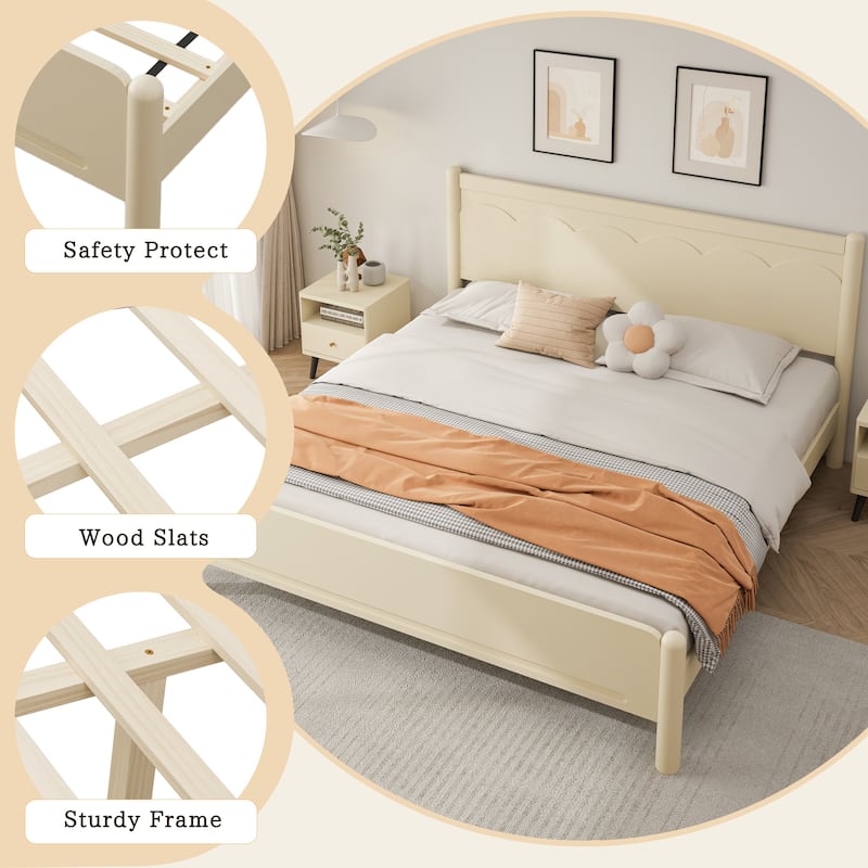 Wood Platform Bed Frame with Headboard and Wooden Slat Support