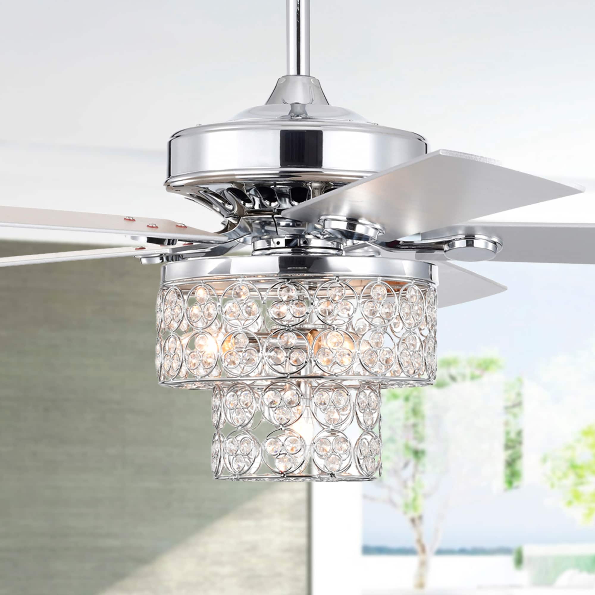 Warehouse of Tiffany Caderina 52 Inch Chrome Finished 4 Light, 5 Blades Ceiling Fan with Remote