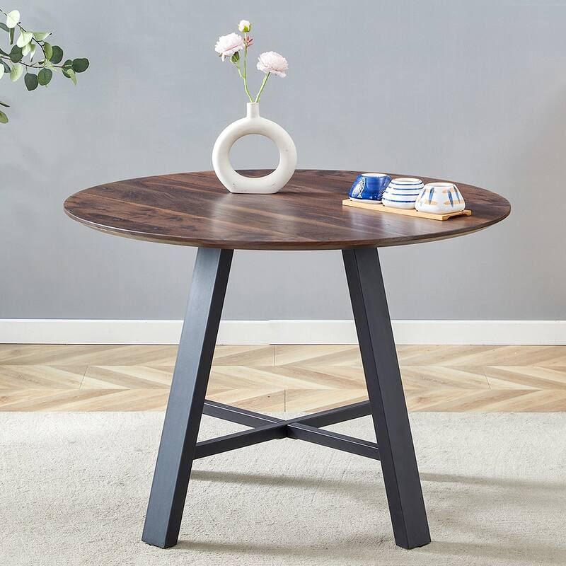 Round Dining Table Coffee Table with Dark Wood Textured Top,Cross Structure Reinforcement Black Metal Legs - Black,Dark Walnut