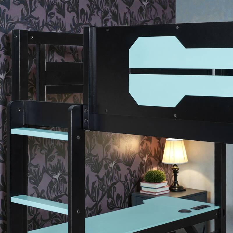 Twin/Full Gaming Bunk Bed with Dual Desks, USB Charging Ports and Pegboard Organizer, Gamer Bunk Frame