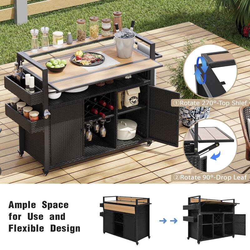 52.8"W Wicker Outdoor Grill Cart with Extended Plastic Wood Table Top & Storage Cabinet