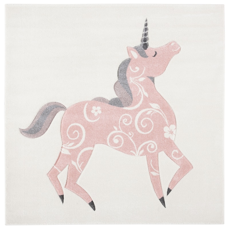 SAFAVIEH, Carousel Kids Mareke Unicorn Rug - 3' Square - Ivory/Pink