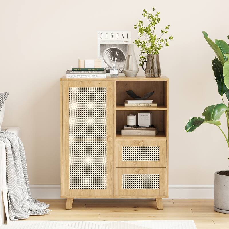 Rattan Buffet Cabinet with Adjustable Shelf, Sideboard with Drawers for Living Room, Kitchen, Entryway