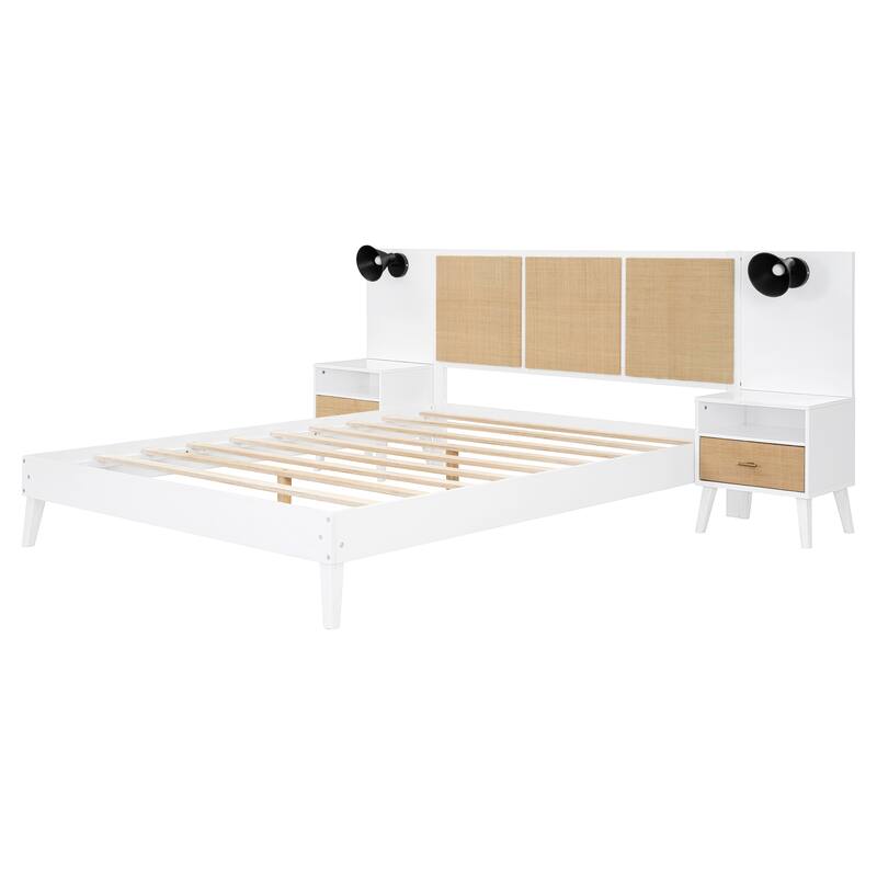 Queen Size Bed Frame, Nightstands & Headboard 3 in 1 Slats Platform Bed with Drawers and Lamps, Rattan Design for Bedroom