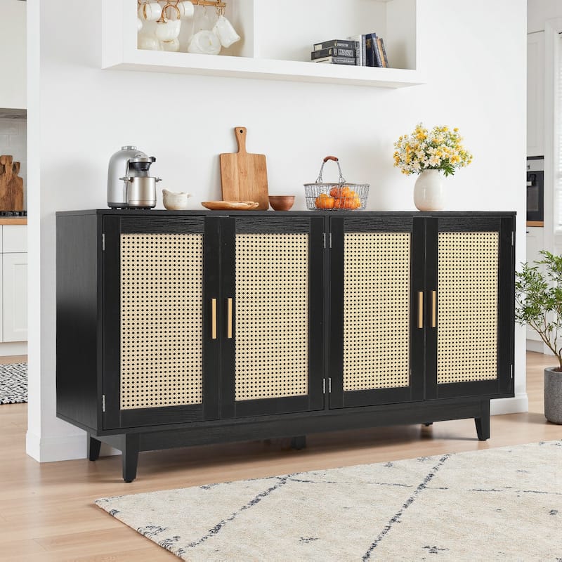 Modern 4 Door Wood Rattan Buffet Sideboard Storage Cabinet - Black