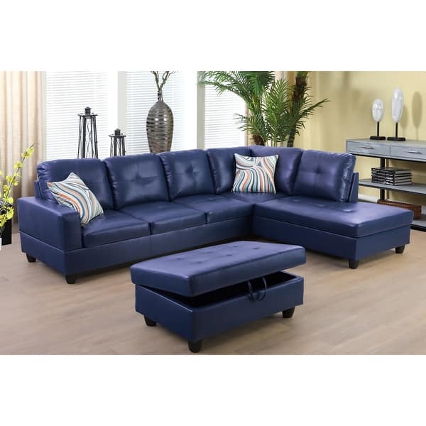 slide 2 of 4, Navy Blue 3-Pieces Sectional Sofa Set,Right Facing(09529B)