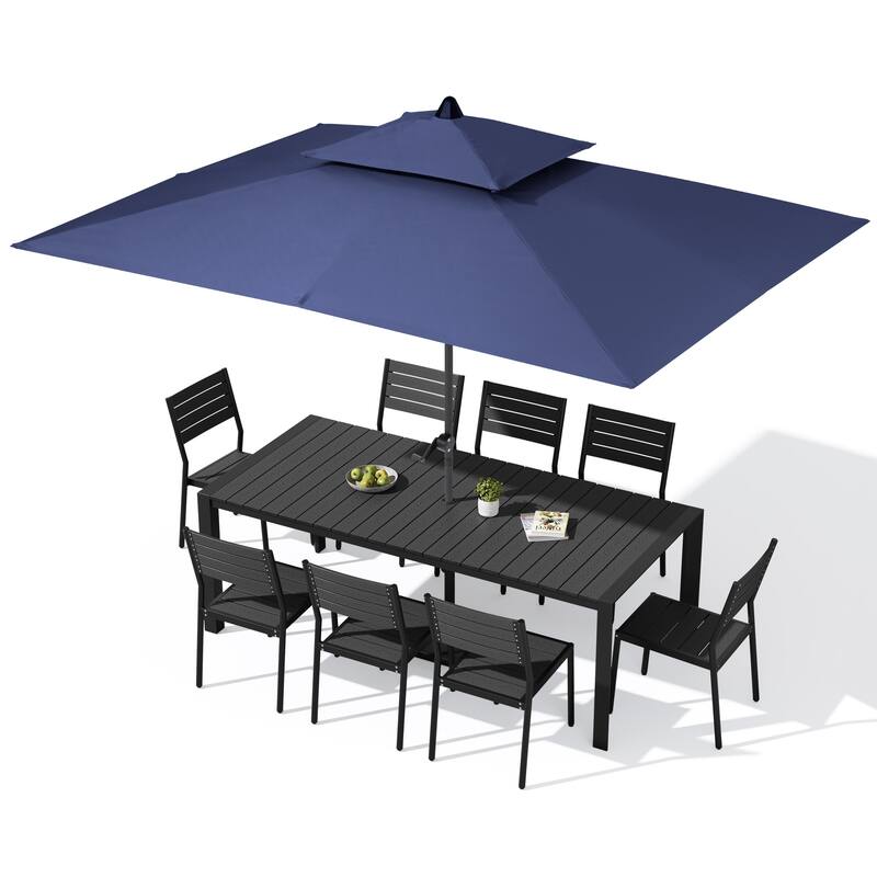 9/11-Piece Outdoor Dining Set w/10 ft Umbrella and Base Aluminum Dining Table and Stackable Chairs