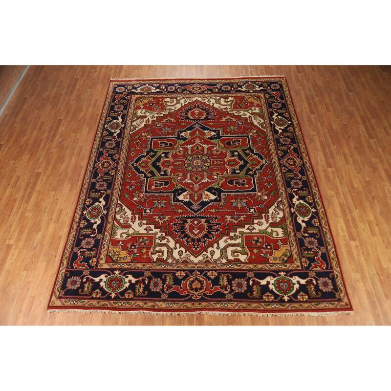 Orange Geometric Heriz Serapi Indian Area Rug Handmade Wool Carpet - 9'2" x 11'10"