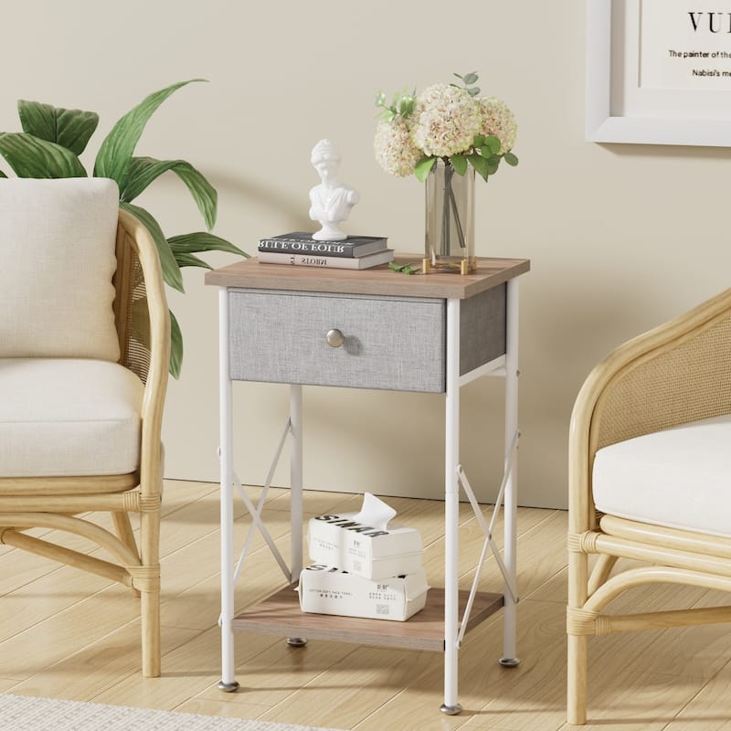 Javlergo Set of 1 or 2 Modern X-Shape End Table with Removable Fabric Drawer & Open Shelf for Living room bedroom study room - Light brown - Single