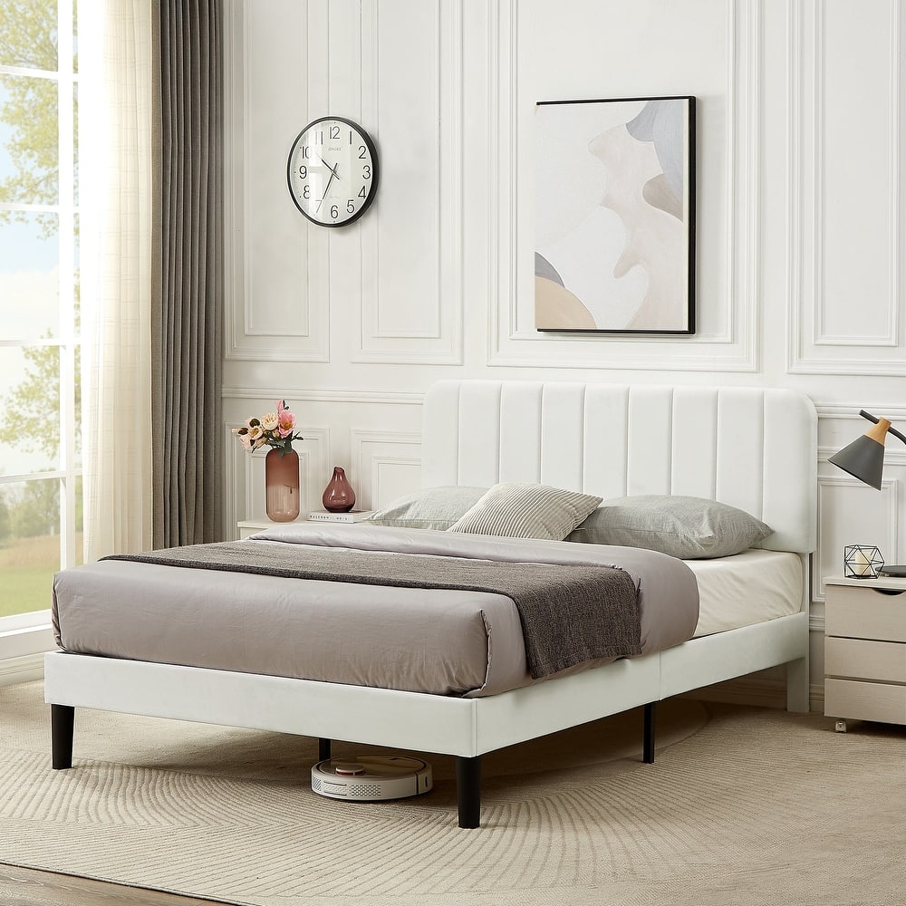 VECELO Modern Upholstered Platform Bed Frame with Adjustable Velvet Headboard Under-Bed Space for Storage No Box Spring Needed