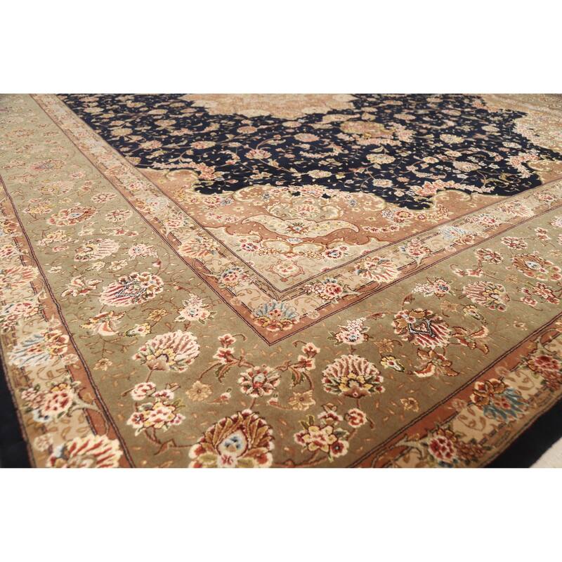 Vegetable Dye Floral Tabriz Chinese Rug Handmade Wool and Silk Carpet - 9'1" x 12'1"