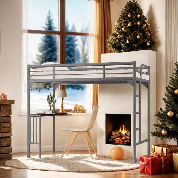 slide 2 of 8, Twin Metal Loft Bed with Desk, Ladder and Guardrails, Grey Grey