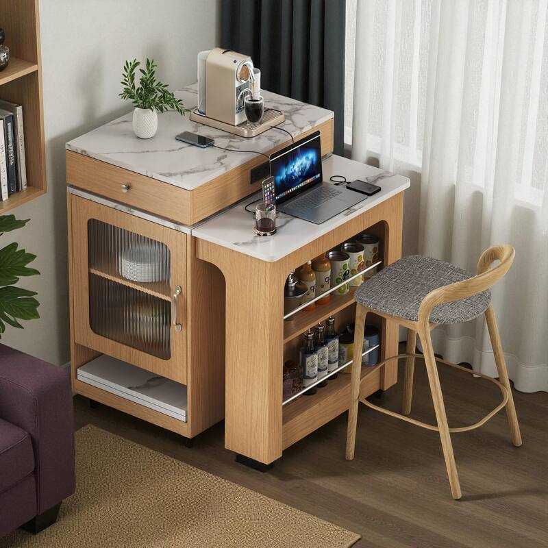 59.5" Kitchen Island with Extendable Table, Double-Sided Storage, Power Outlet, Drawers and Shelves