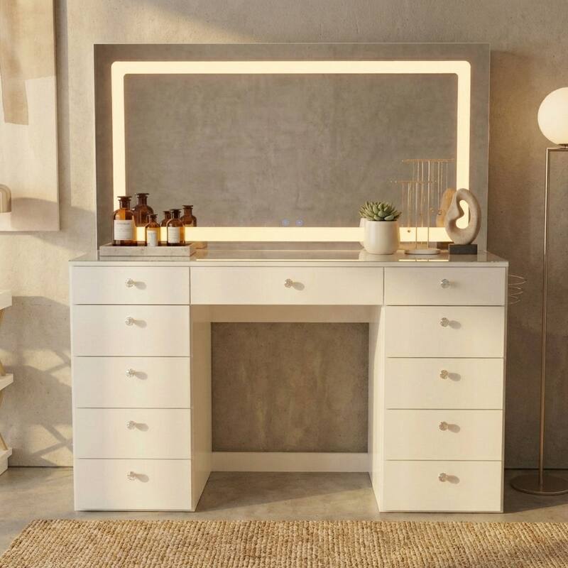 Extra-Large Vanity Desk with LED Mirror, Bluetooth Speakers, 11 Drawers and USB Ports